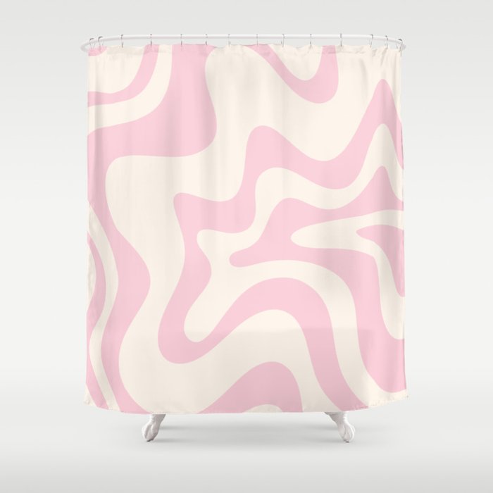 Retro Liquid Swirl Abstract Pattern Square in Baby Pink and Cream Shower Curtain Gallery Image 1