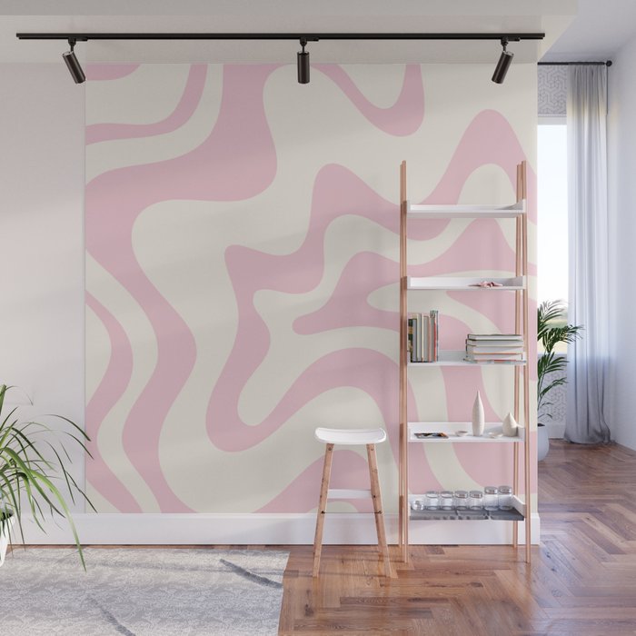 Retro Liquid Swirl Abstract Pattern Square in Baby Pink and Cream Wall Mural Gallery Image 1