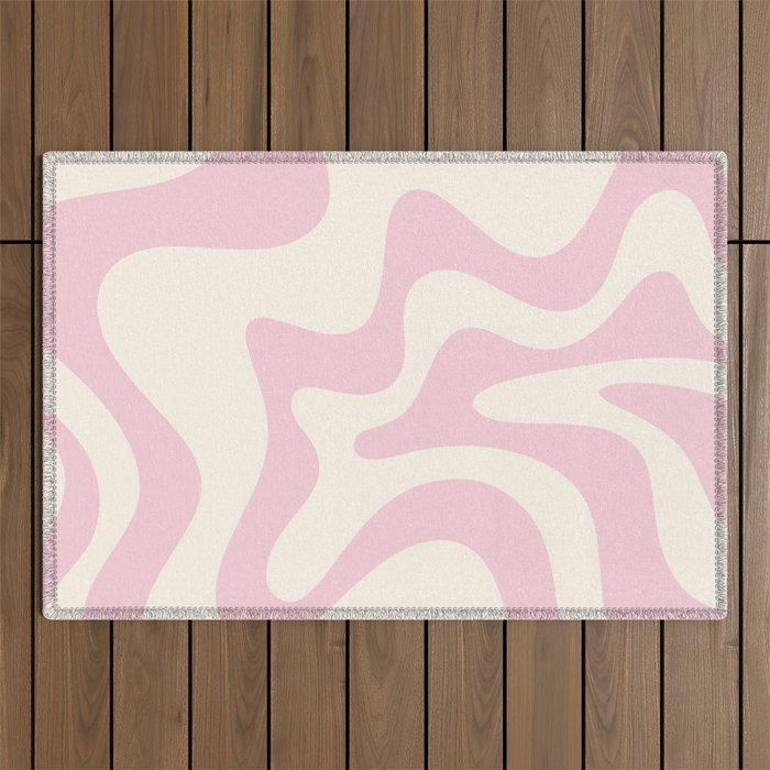 Retro Liquid Swirl Abstract Pattern Square in Baby Pink and Cream Outdoor Rug Gallery Image 1