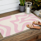 Retro Liquid Swirl Abstract Pattern Square in Baby Pink and Cream Outdoor Rug Gallery Image 2