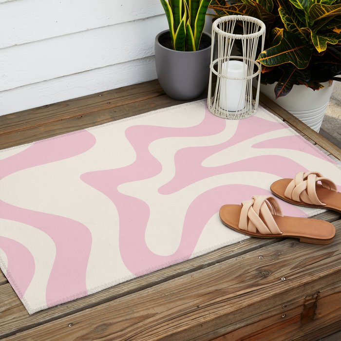 Retro Liquid Swirl Abstract Pattern Square in Baby Pink and Cream Outdoor Rug Gallery Image 2