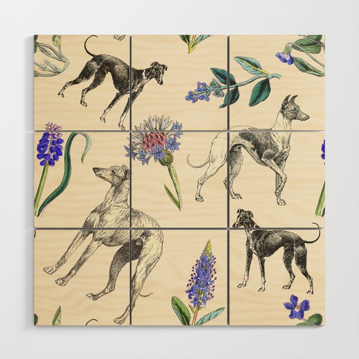 GREYHOUND DOGS and PRESSED FLOWERS Wood Wall Art Gallery Image 1