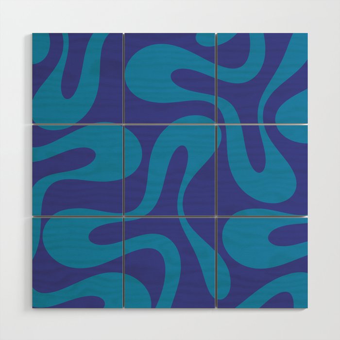 Bold Blue Soft Curves Retro Modern Abstract Pattern Wood Wall Art Gallery Image 1