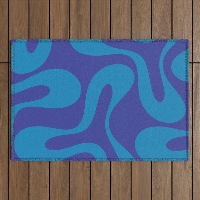 Bold Blue Soft Curves Retro Modern Abstract Pattern Outdoor Rug Gallery Image 1