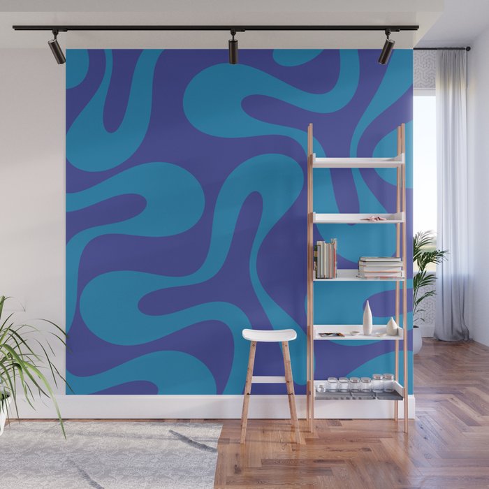 Bold Blue Soft Curves Retro Modern Abstract Pattern Wall Mural Gallery Image 1