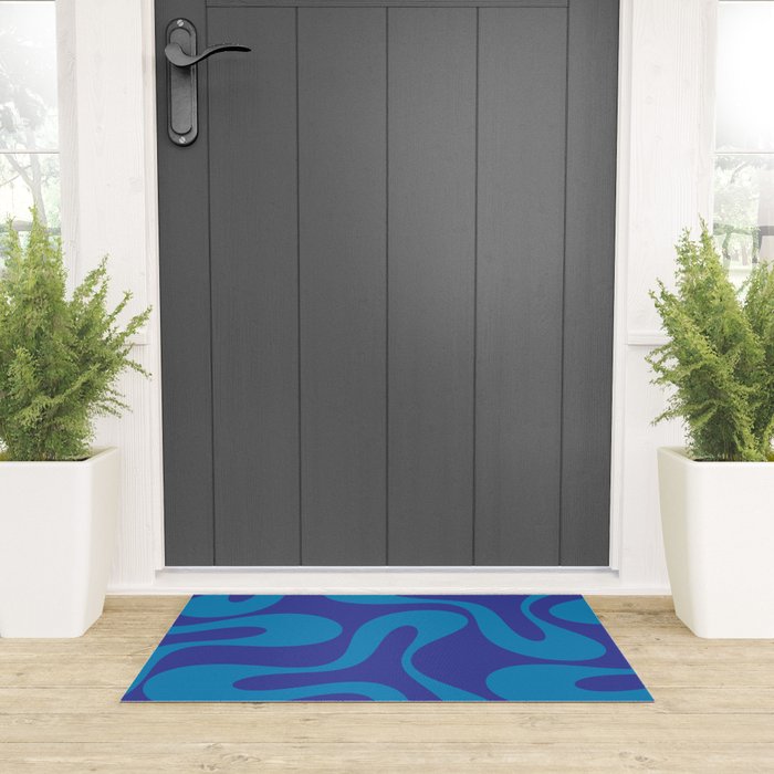 Bold Blue Soft Curves Retro Modern Abstract Pattern Welcome Mat Gallery Image 3