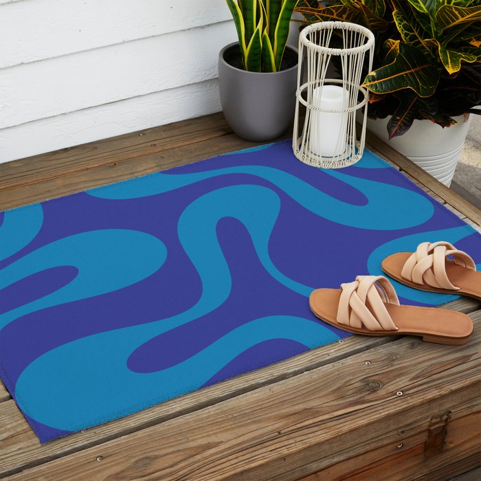 Bold Blue Soft Curves Retro Modern Abstract Pattern Outdoor Rug Gallery Image 2