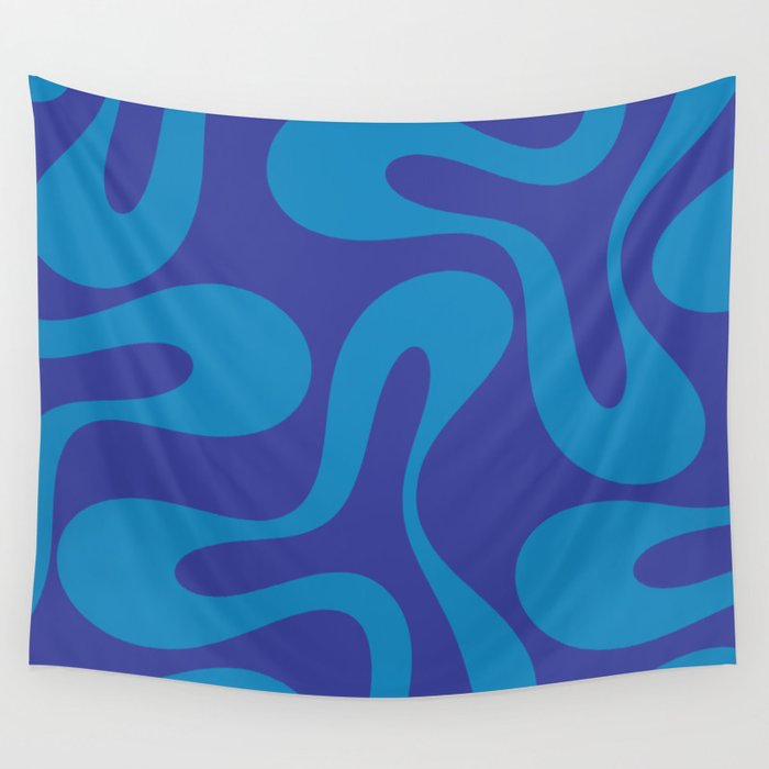 Bold Blue Soft Curves Retro Modern Abstract Pattern Wall Tapestry Gallery Image 1