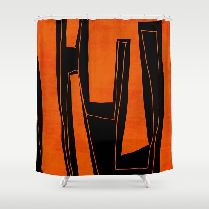 Bold Black and Orange Abstract Shower Curtain Gallery Image 1
