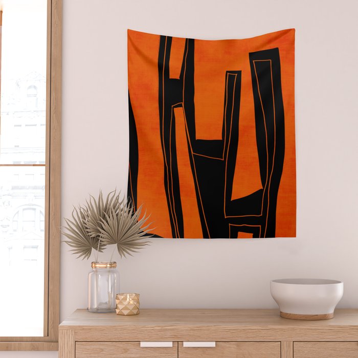 Bold Black and Orange Abstract Wall Tapestry Gallery Image 2