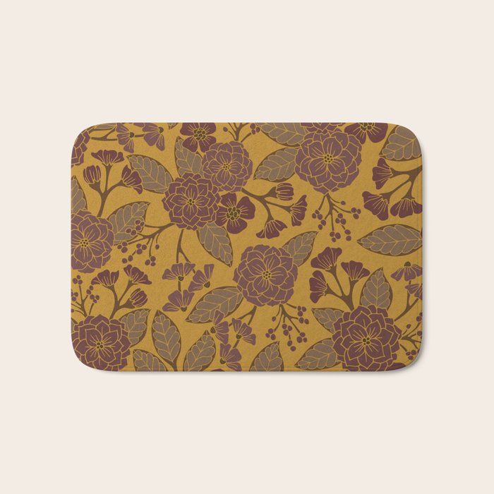 Mustard Yellow, Brown, Raisin, Taupe & Mauve Floral Pattern Bath Mat Gallery Image 1