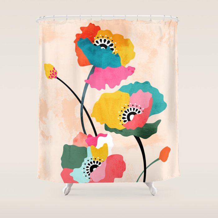 Dopamine Floral, Botanical Watercolor Eclectic Flowers Plants, Painting Colorful Pop Bohemian Contemporary Modern Shower Curtain Gallery Image 1