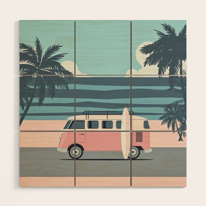 Surfer Graphic Beach Palm-Tree Camper-Van Art Wood Wall Art Gallery Image 1
