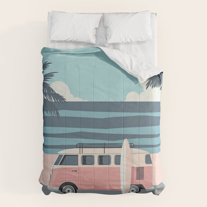 Surfer Graphic Beach Palm-Tree Camper-Van Art Comforter Gallery Image 1