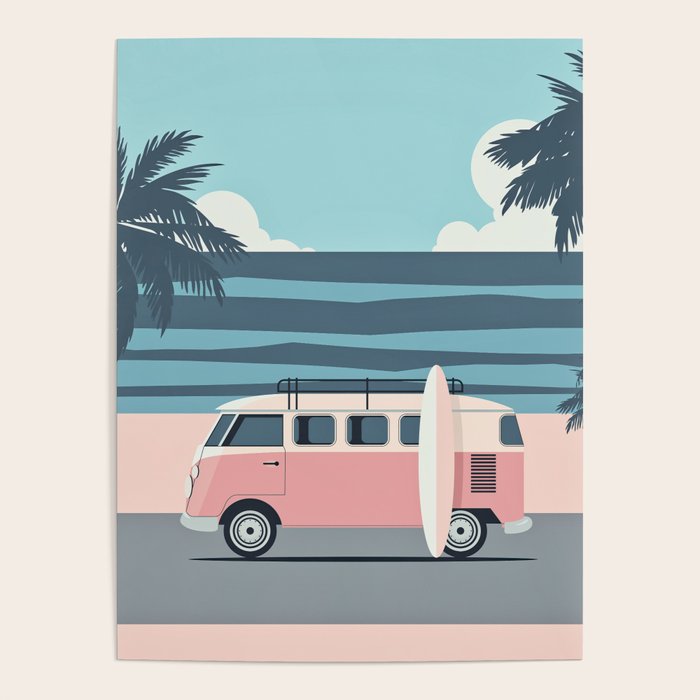Surfer Graphic Beach Palm-Tree Camper-Van Art Poster Gallery Image 4