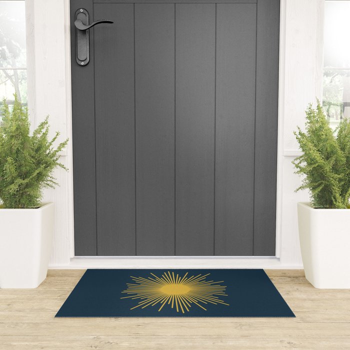 Sunburst - Minimalist Mid Century Modern Sun in Navy Blue and Light Mustard Yellow Welcome Mat Gallery Image 3