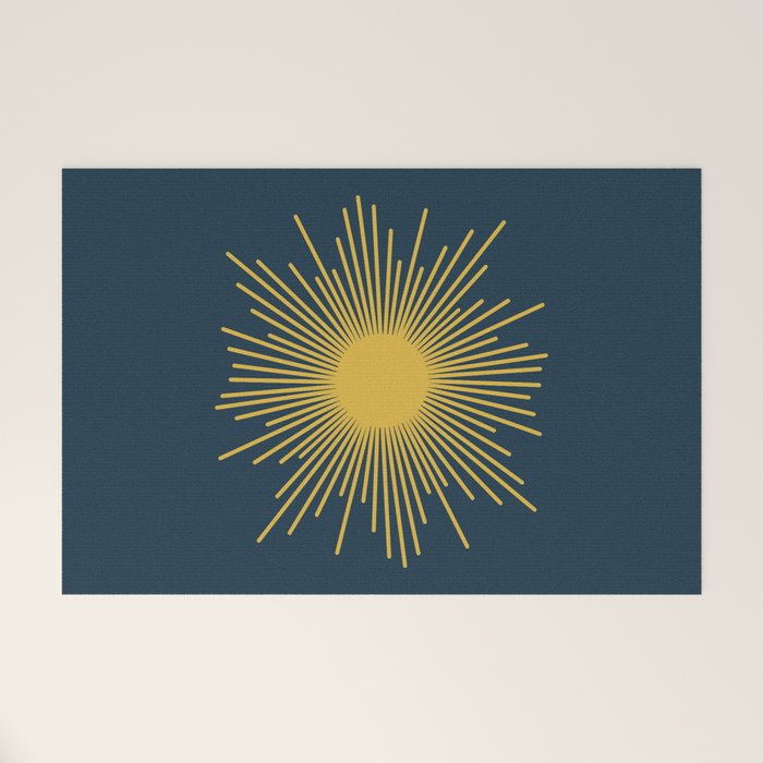 Sunburst - Minimalist Mid Century Modern Sun in Navy Blue and Light Mustard Yellow Welcome Mat Gallery Image 1