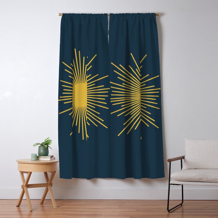 Sunburst - Minimalist Mid Century Modern Sun in Navy Blue and Light Mustard Yellow Window Curtain Gallery Image 1