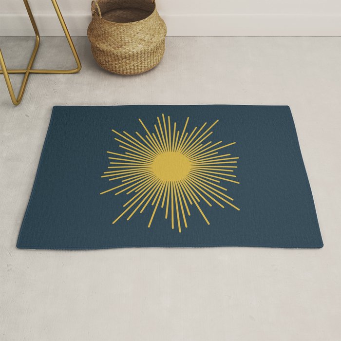 Sunburst - Minimalist Mid Century Modern Sun in Navy Blue and Light Mustard Yellow Rug Gallery Image 1