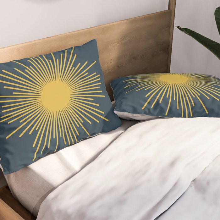 Sunburst - Minimalist Mid Century Modern Sun in Navy Blue and Light Mustard Yellow Pillow Sham Gallery Image 2