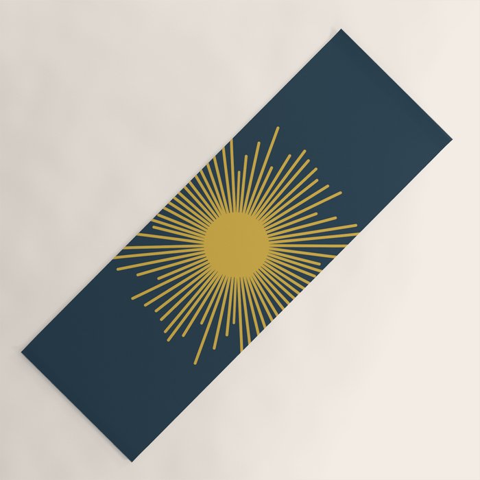 Sunburst - Minimalist Mid Century Modern Sun in Navy Blue and Light Mustard Yellow Yoga Mat Gallery Image 1