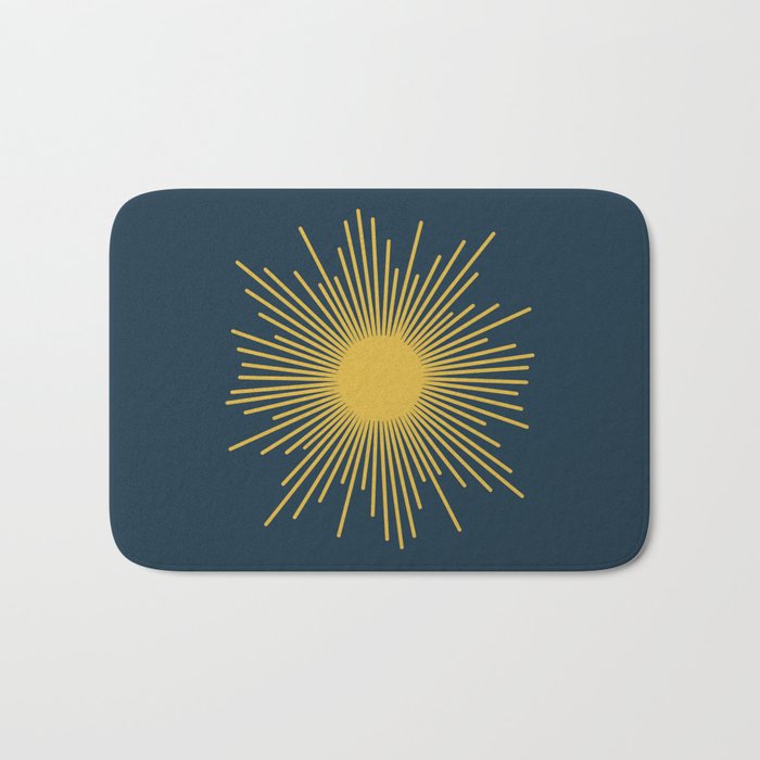 Sunburst - Minimalist Mid Century Modern Sun in Navy Blue and Light Mustard Yellow Bath Mat Gallery Image 1