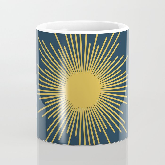 Sunburst - Minimalist Mid Century Modern Sun in Navy Blue and Light Mustard Yellow Coffee Mug Gallery Image 4