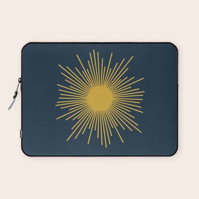 Sunburst - Minimalist Mid Century Modern Sun in Navy Blue and Light Mustard Yellow Laptop Sleeve Gallery Image 1