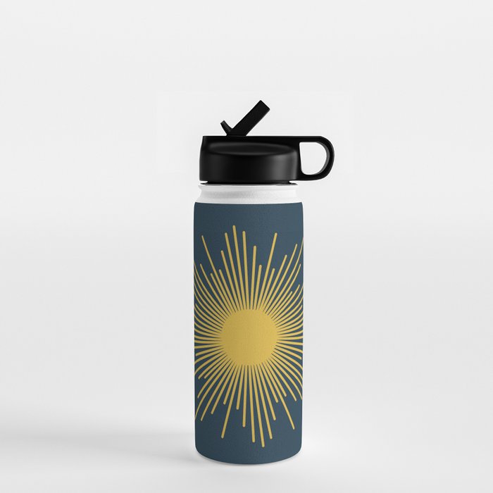 Sunburst - Minimalist Mid Century Modern Sun in Navy Blue and Light Mustard Yellow Water Bottle Gallery Image 1