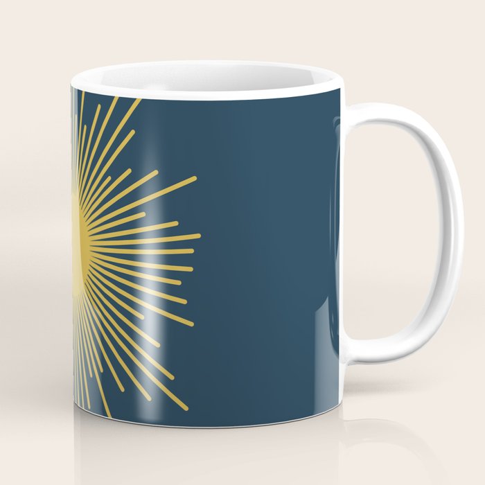 Sunburst - Minimalist Mid Century Modern Sun in Navy Blue and Light Mustard Yellow Coffee Mug Gallery Image 1