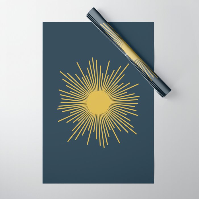 Sunburst - Minimalist Mid Century Modern Sun in Navy Blue and Light Mustard Yellow Wrapping Paper Gallery Image 1