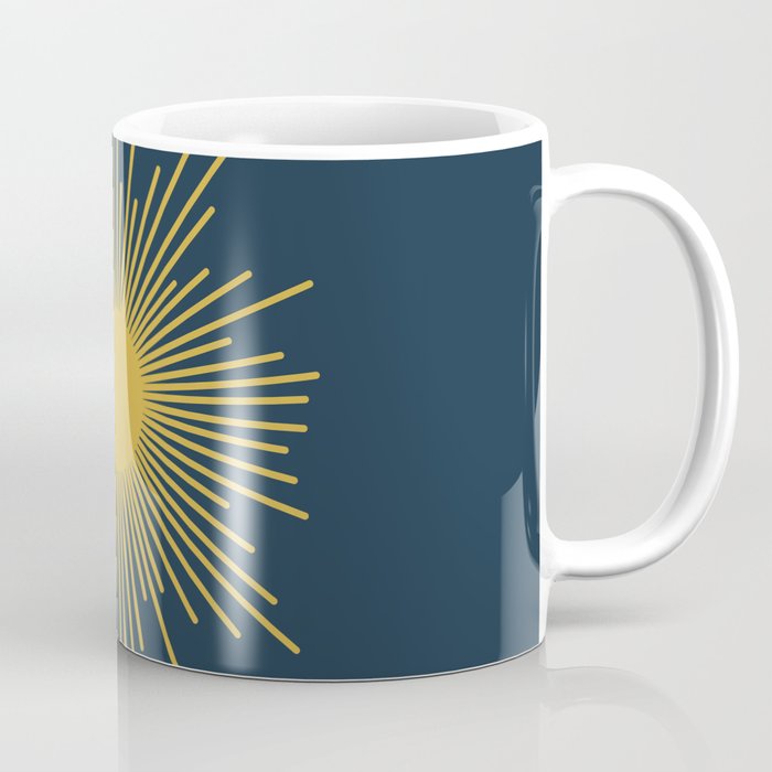 Sunburst - Minimalist Mid Century Modern Sun in Navy Blue and Light Mustard Yellow Coffee Mug Gallery Image 1
