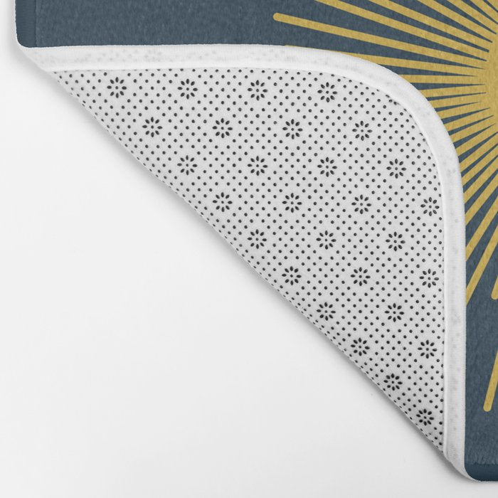 Sunburst - Minimalist Mid Century Modern Sun in Navy Blue and Light Mustard Yellow Bath Mat Gallery Image 2