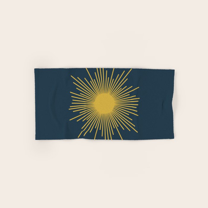 Sunburst - Minimalist Mid Century Modern Sun in Navy Blue and Light Mustard Yellow Bath Towel Gallery Image 1