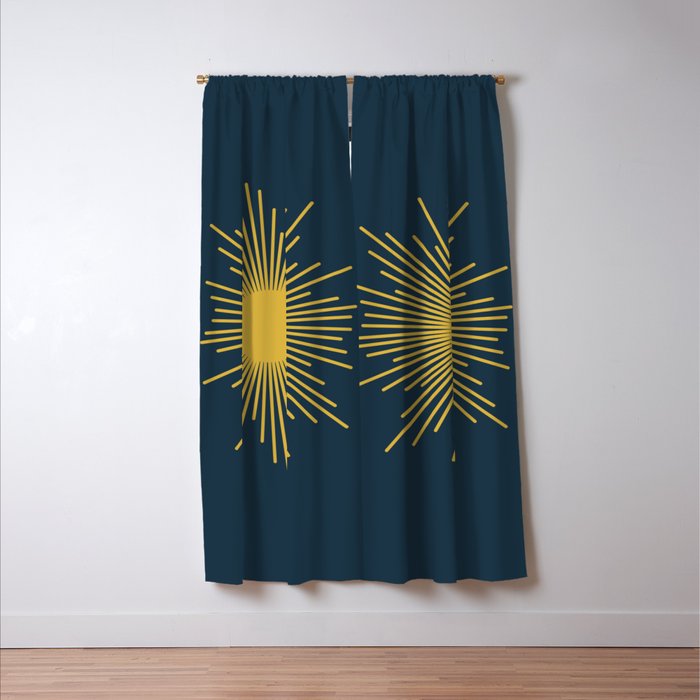 Sunburst - Minimalist Mid Century Modern Sun in Navy Blue and Light Mustard Yellow Window Curtain Gallery Image 3