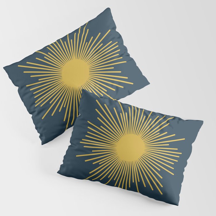 Sunburst - Minimalist Mid Century Modern Sun in Navy Blue and Light Mustard Yellow Pillow Sham Gallery Image 3