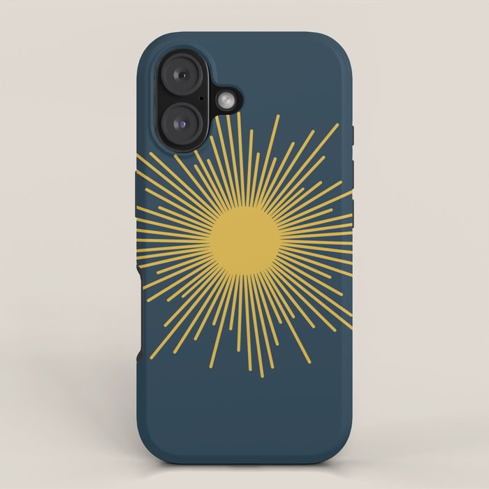 Sunburst - Minimalist Mid Century Modern Sun in Navy Blue and Light Mustard Yellow iPhone Case Gallery Image 1