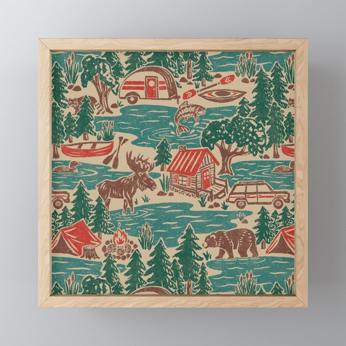 North Country Summer - vintage teal, green, brown, and red Mini Art Print Gallery Image 1