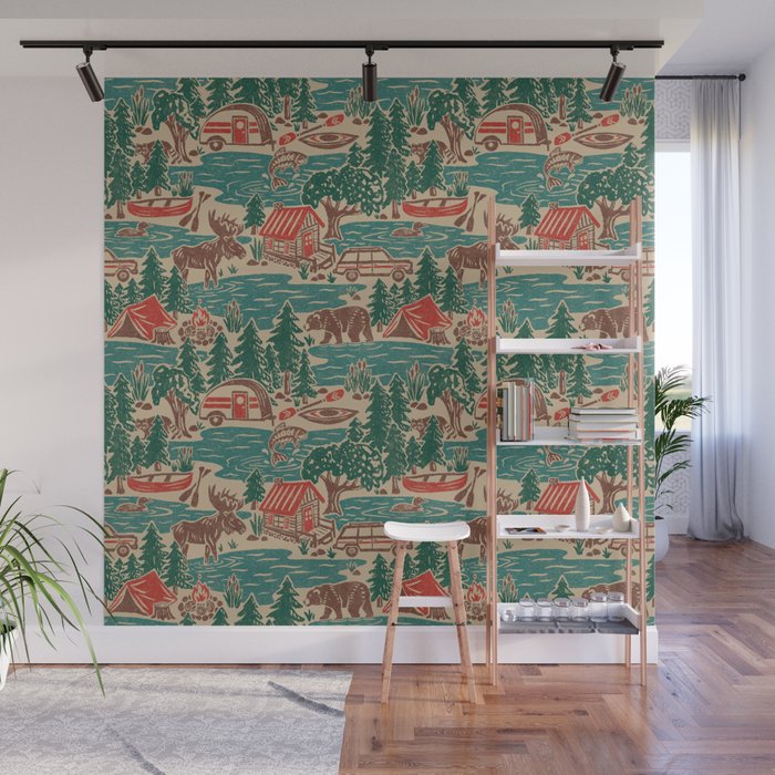 North Country Summer - vintage teal, green, brown, and red Wall Mural Gallery Image 1
