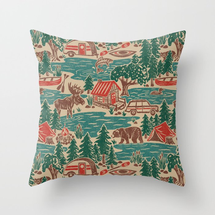 North Country Summer - vintage teal, green, brown, and red Throw Pillow Gallery Image 6