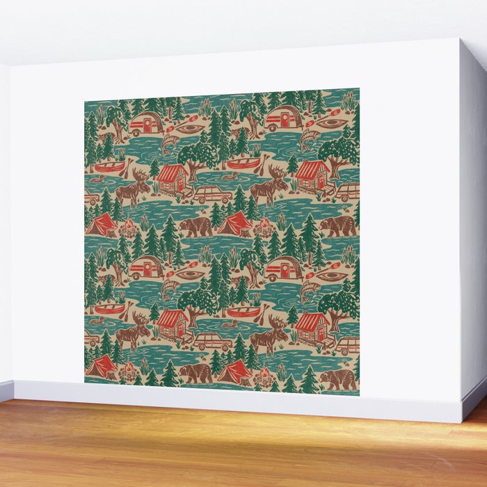 North Country Summer - vintage teal, green, brown, and red Wall Mural Gallery Image 2