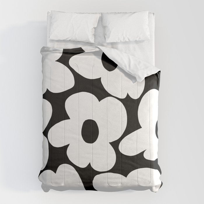 White Retro Flowers Black Background #decor #society6 #buyart Comforter Gallery Image 6