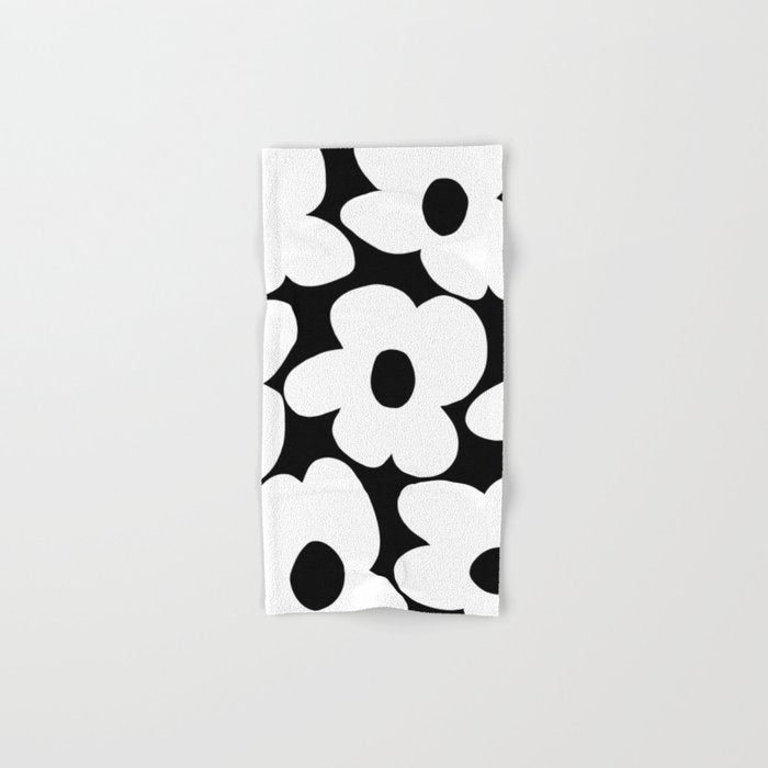 White Retro Flowers Black Background #decor #society6 #buyart Bath Towel Gallery Image 1