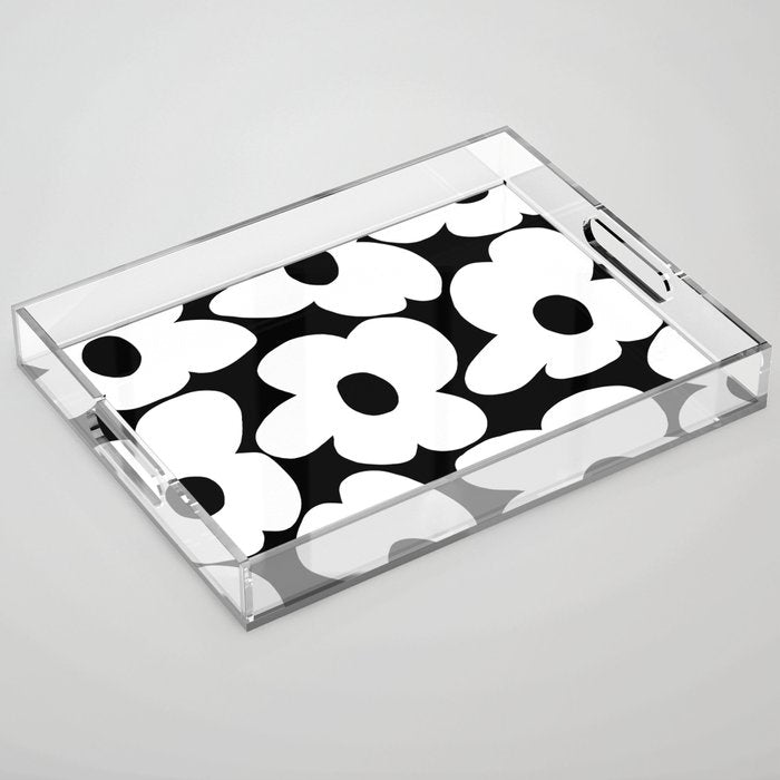 White Retro Flowers Black Background #decor #society6 #buyart Acrylic Tray Gallery Image 1
