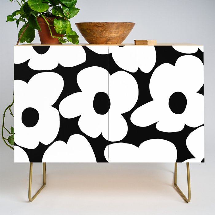 White Retro Flowers Black Background #decor #society6 #buyart Credenza Gallery Image 1