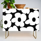 White Retro Flowers Black Background #decor #society6 #buyart Credenza Gallery Image 1