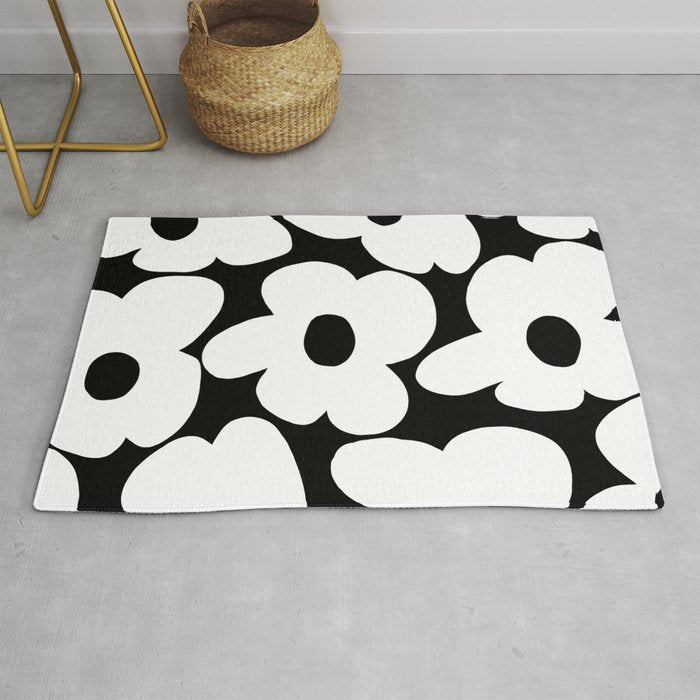 White Retro Flowers Black Background #decor #society6 #buyart Rug Gallery Image 1
