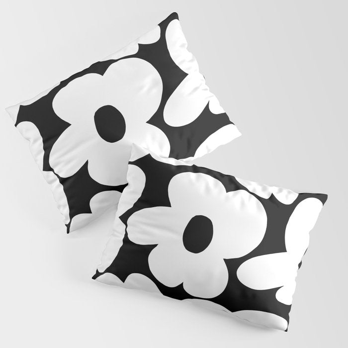White Retro Flowers Black Background #decor #society6 #buyart Pillow Sham Gallery Image 1