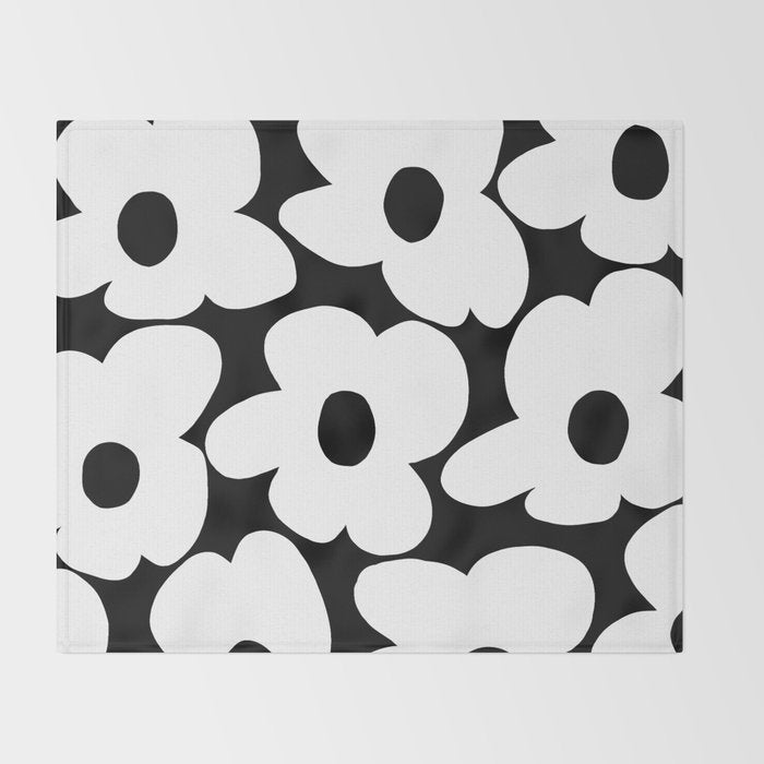 White Retro Flowers Black Background #decor #society6 #buyart Throw Blanket Gallery Image 2