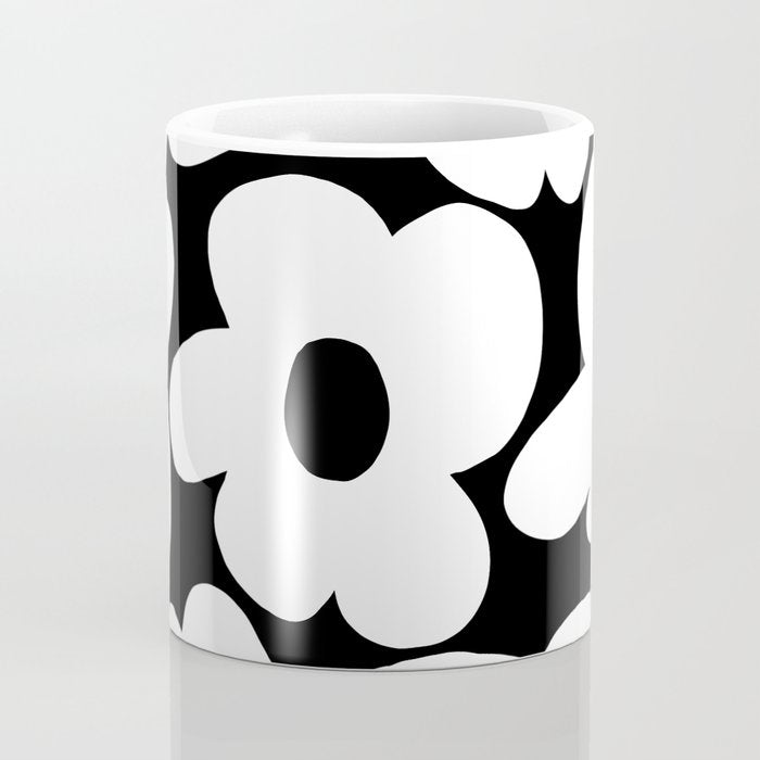 White Retro Flowers Black Background #decor #society6 #buyart Coffee Mug Gallery Image 4